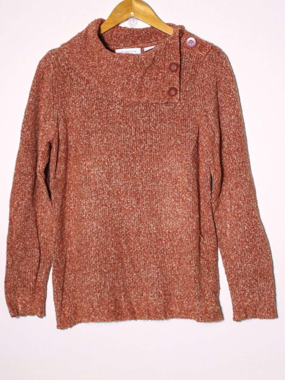 Liz Claiborne Button Up Cowl Neck Boucle Knit Sweater Rust Orange Size M